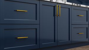 Navy blue kitchen cabinet doors and golden metal kitchen handles