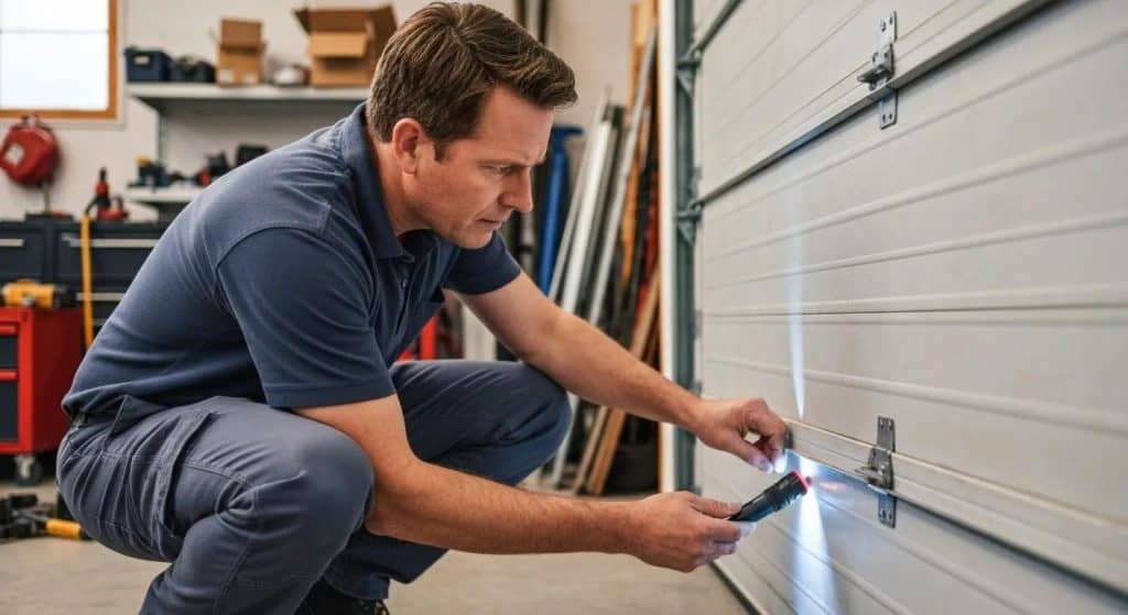 Garage door inspection by a technician highlighting repair urgency and safety