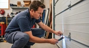 Garage door inspection by a technician highlighting repair urgency and safety