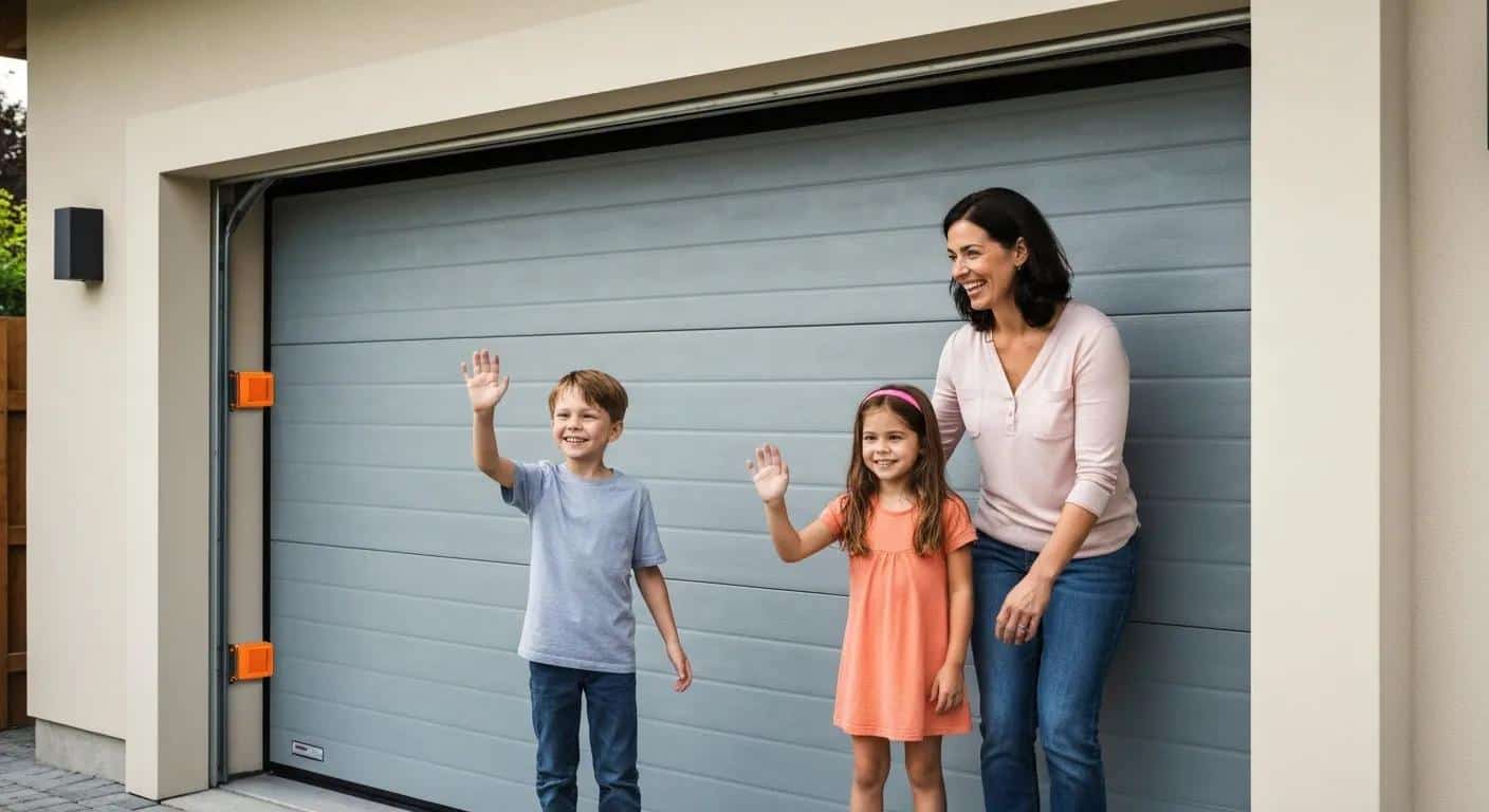 Family using a garage door with visible safety sensors ensuring secure operation