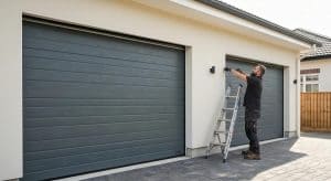 Modern garage door installation showcasing a professional installer at work