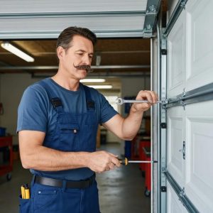 Professional technician repairing a garage door, showcasing tools and a well-maintained garage environment